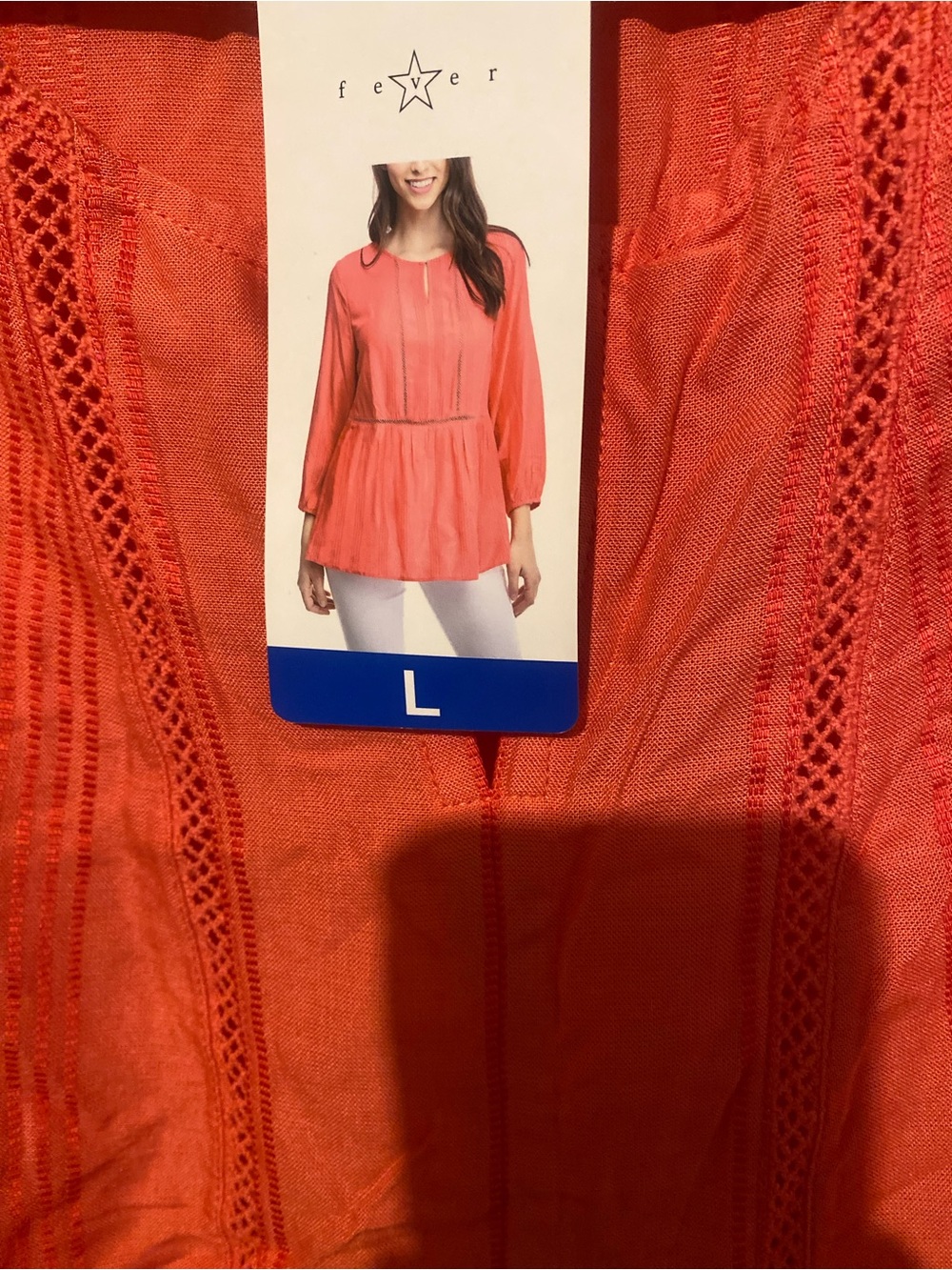 Fever Coral Peasant Blouse with Lace Trim